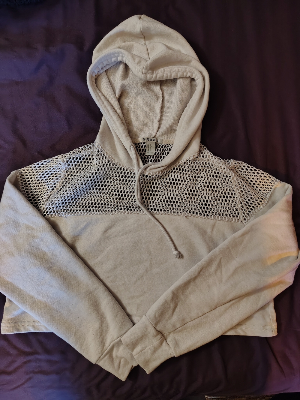 Forever 21 White Cropped Hoodie with Mesh Yoke